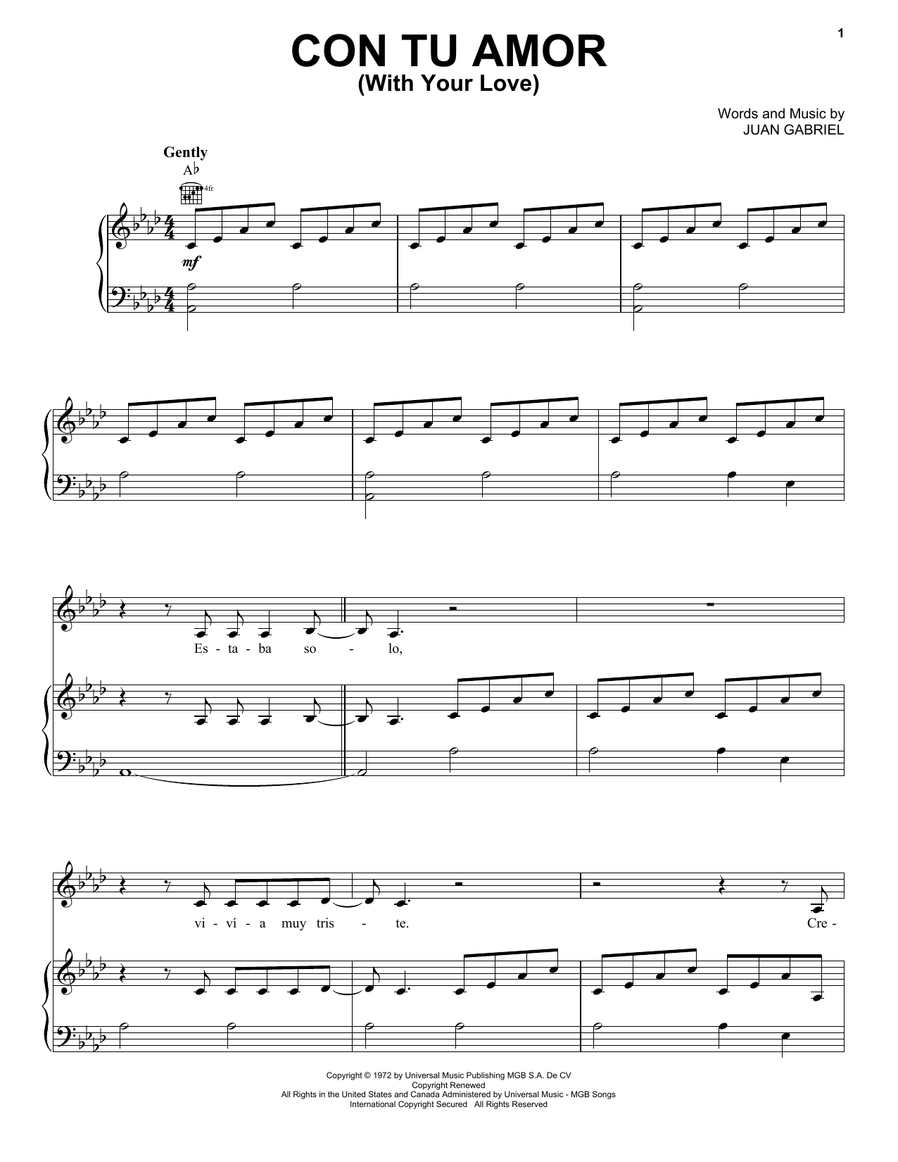 Juan Gabriel Con Tu Amor (With Your Love) sheet music notes and chords arranged for Piano, Vocal & Guitar Chords (Right-Hand Melody)