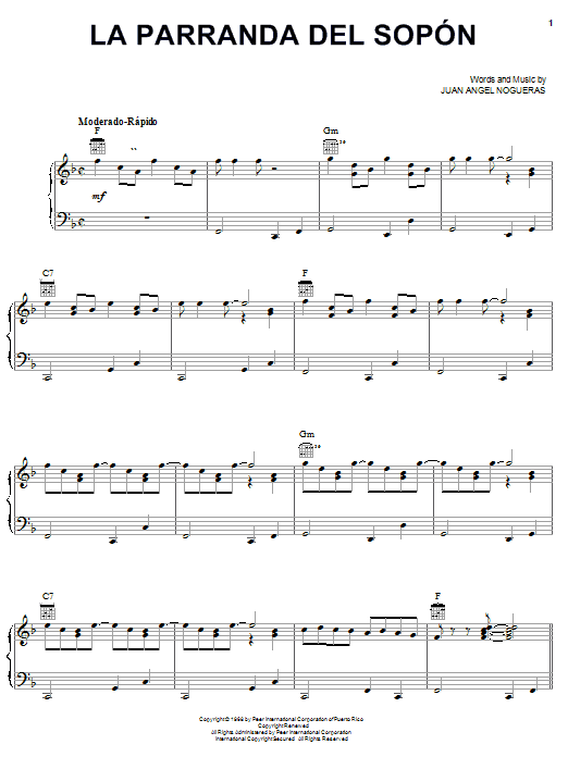 Learn to play Juan Angel Nogueras La Parranda Del Sopon sheet music for Piano, Vocal & Guitar (Right-Hand Melody) in minutes. Price: 6.9900$ Juan Angel Nogueras La Parranda Del Sopon sheet music notes and chords. Download Printable PDF.