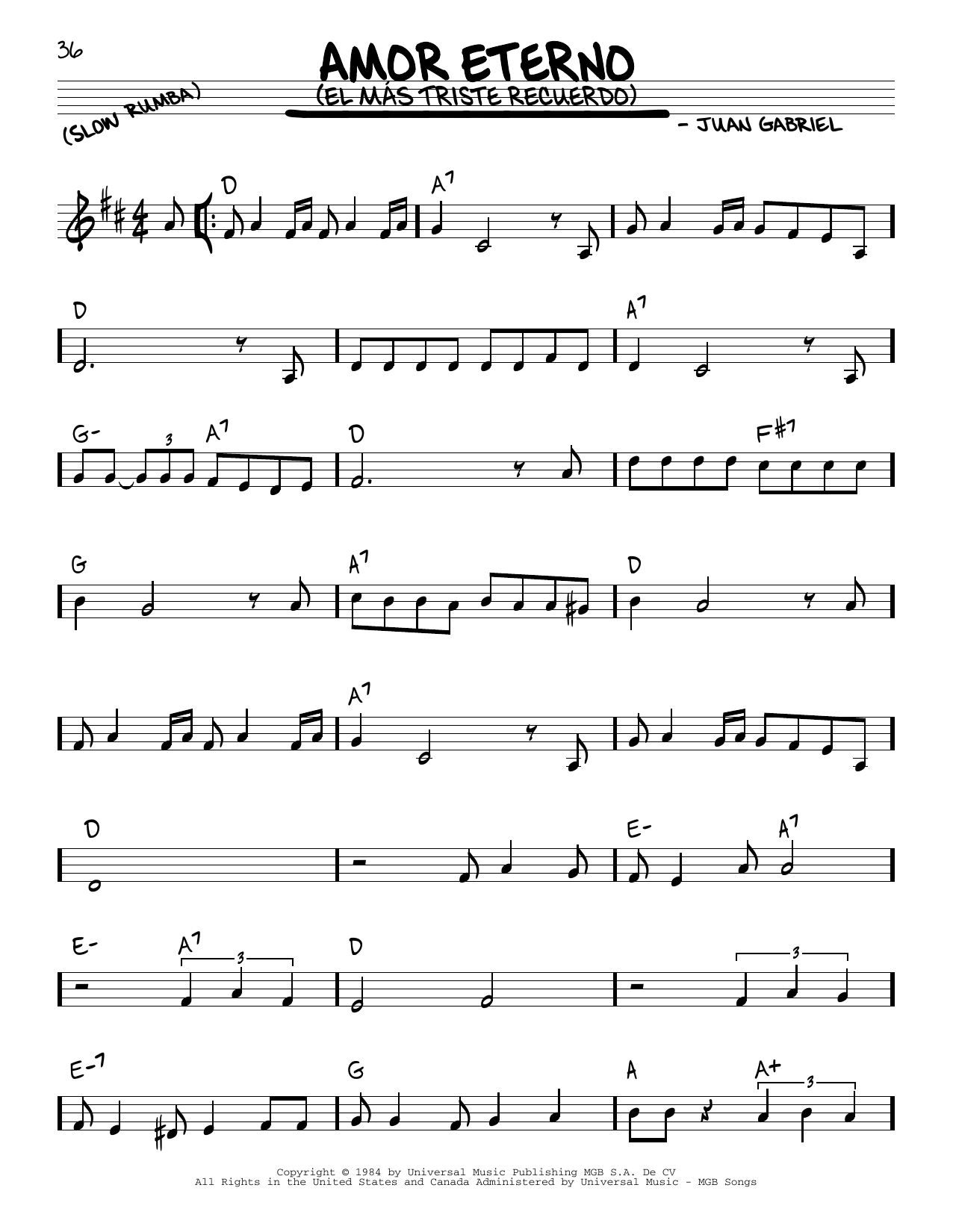 Learn to play Juan Gabriel Amor Eterno (El Mas Triste Recuerdo) sheet music for Real Book – Melody & Chords in minutes. Juan Gabriel Amor Eterno (El Mas Triste Recuerdo) sheet music notes and chords. Download Printable PDF.
