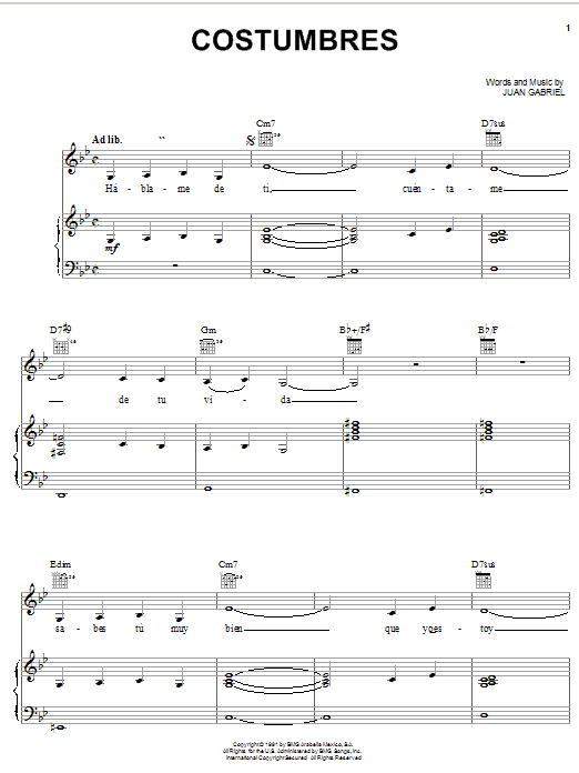 Juan Gabriel Costumbres sheet music notes and chords. Download Printable PDF.