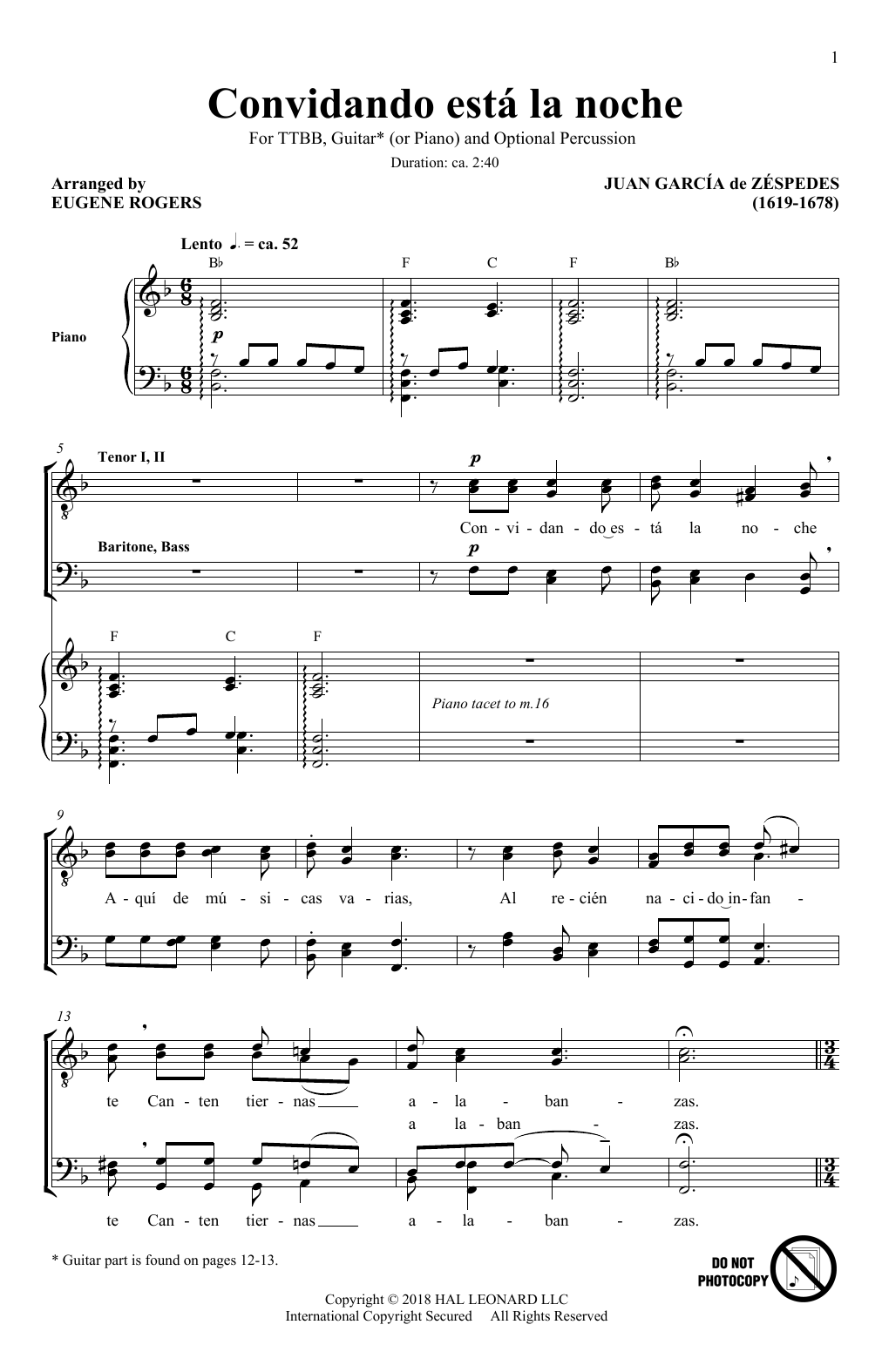 Learn to play Juan Garcia De Zespedes Convidando Esta La Noche (arr. Eugene Rogers) sheet music for TTBB Choir in minutes. Price: 3.9900$ Juan Garcia De Zespedes Convidando Esta La Noche (arr. Eugene Rogers) sheet music notes and chords arranged for TTBB Choir