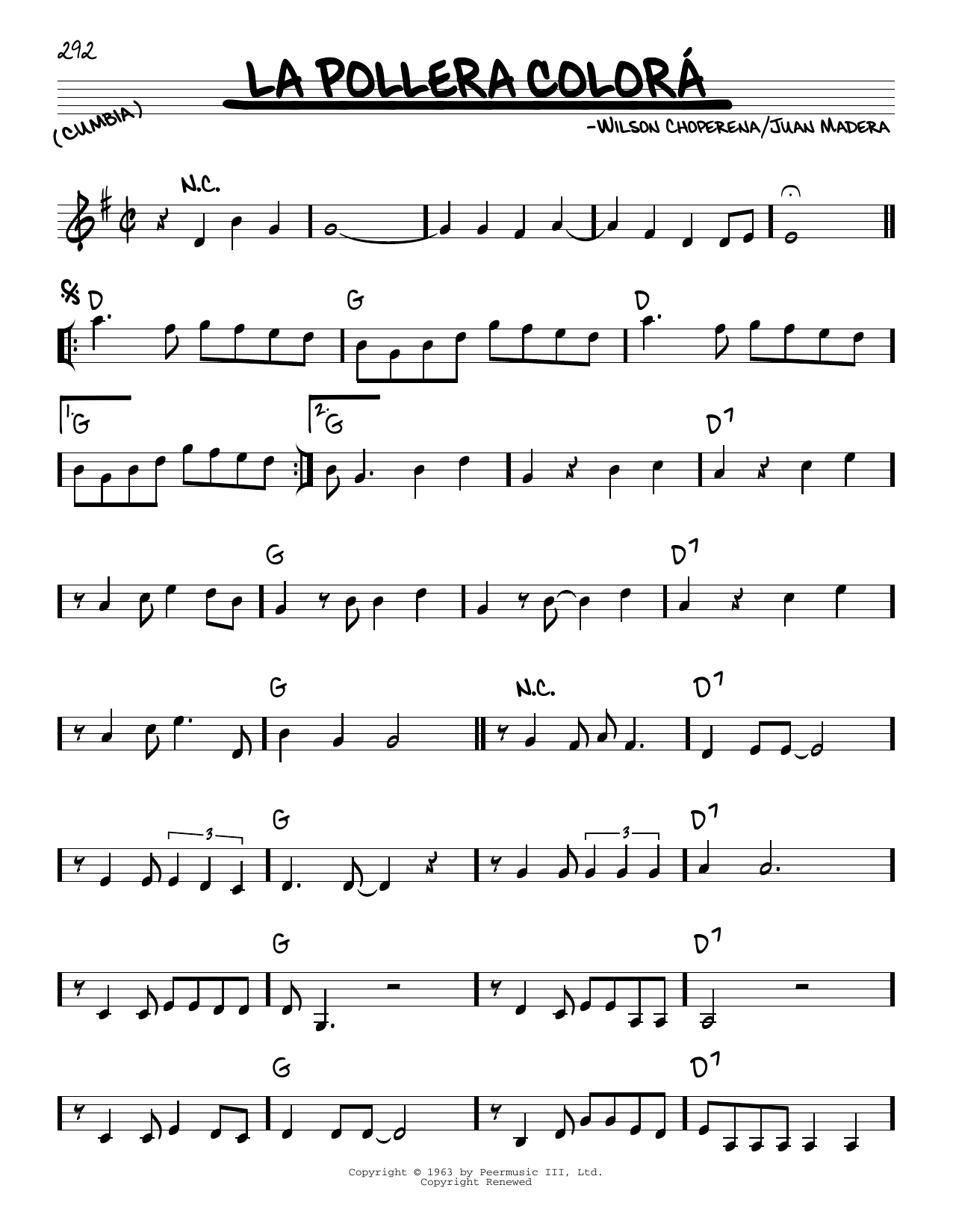 Learn to play Juan Madera La Pollera Colorá sheet music for Real Book – Melody & Chords in minutes. Juan Madera La Pollera Colorá sheet music notes and chords. Download Printable PDF.