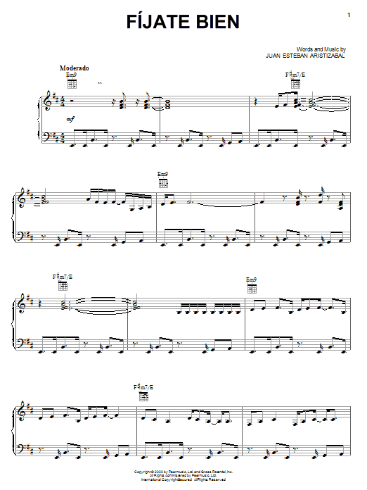 Juanes Fijate Bien sheet music notes and chords. Download Printable PDF.