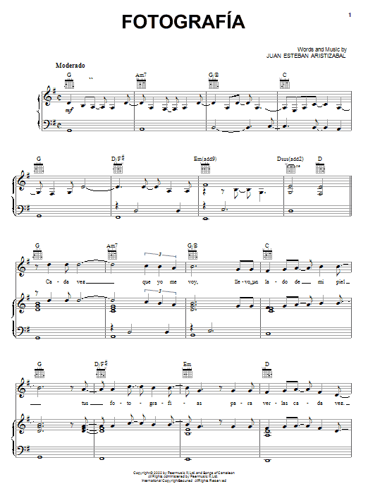 Learn to play Juanes Fotografia sheet music for Piano, Vocal & Guitar (Right-Hand Melody) in minutes. Juanes Fotografia sheet music notes and chords. Download Printable PDF.