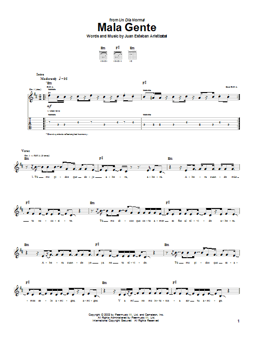 Juanes Mala Gente sheet music notes and chords. Download Printable PDF.