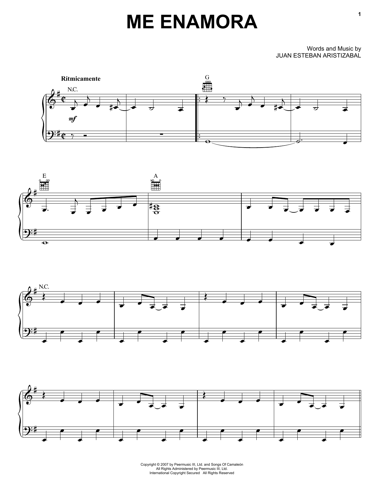 Juanes Me Enamora sheet music notes and chords. Download Printable PDF.