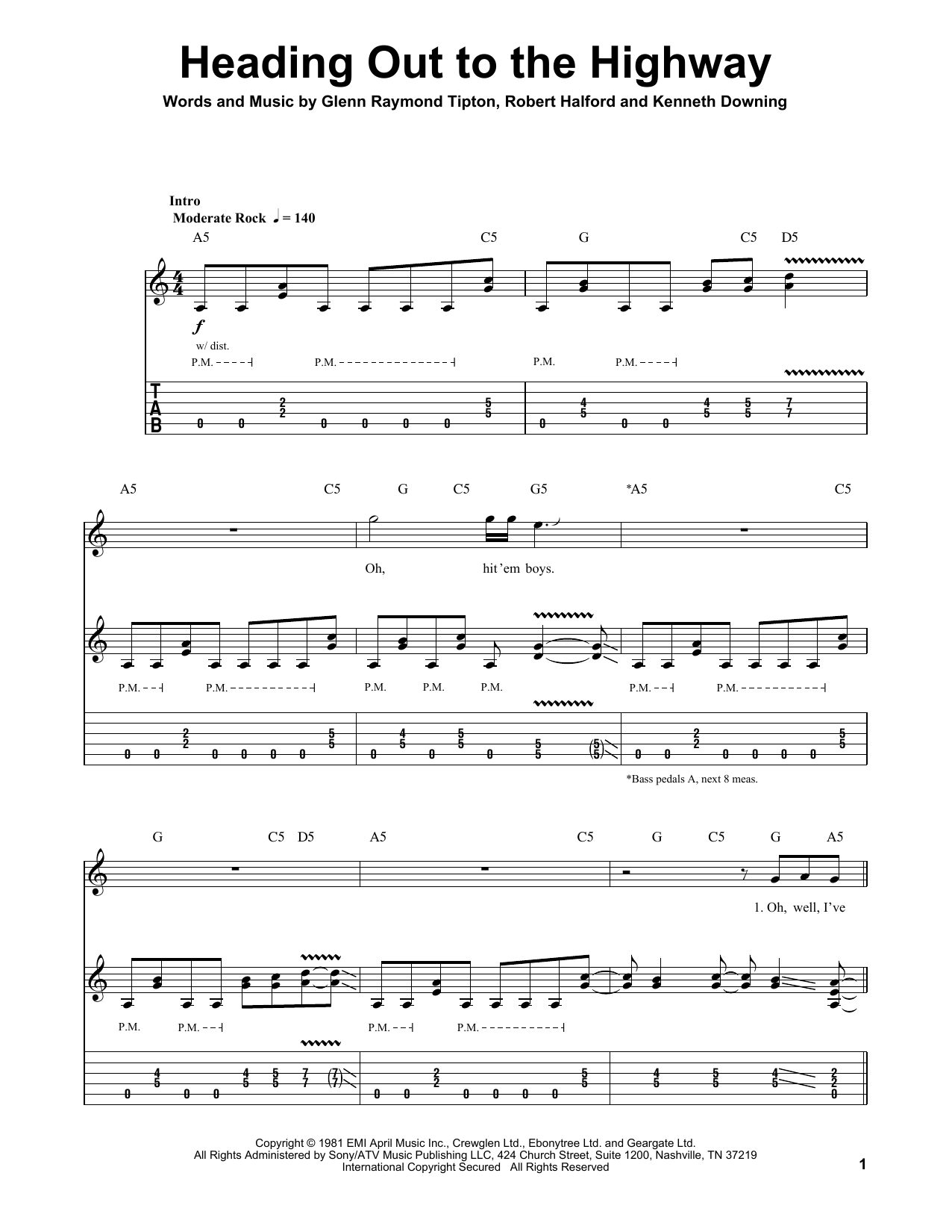 Judas Priest Heading Out To The Highway Sheet Music Pdf Notes