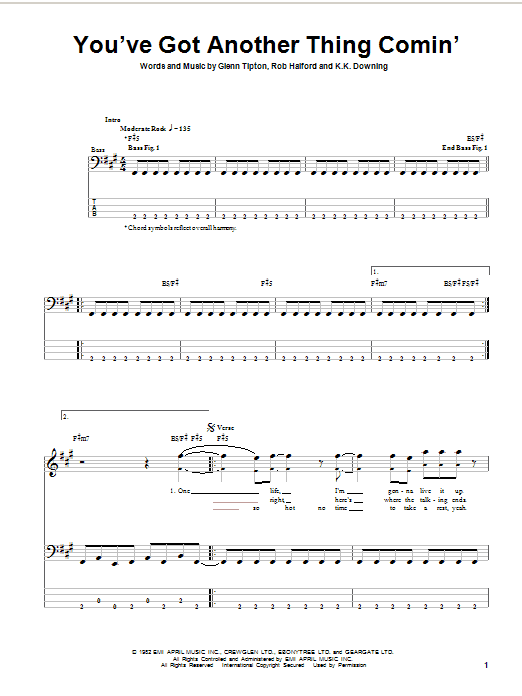Judas Priest You've Got Another Thing Comin' sheet music notes and chords. Download Printable PDF.