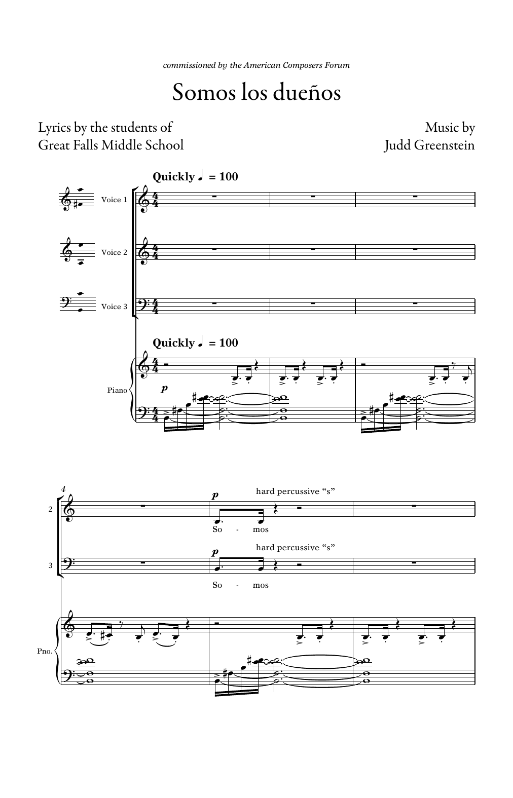 Judd Greenstein Somos Los Duenos 3-pt Mixed And Piano sheet music notes and chords. Download Printable PDF.