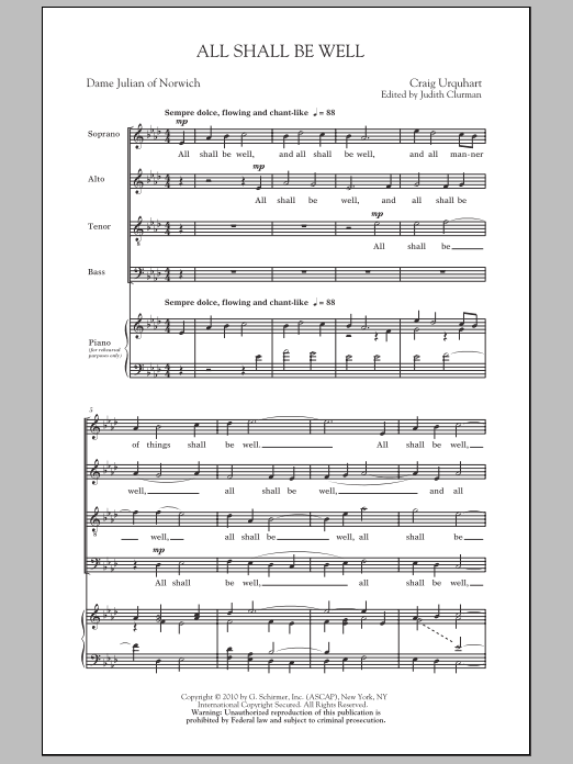 Learn to play Judith Clurman All Shall Be Well sheet music for SATB Choir in minutes. Price: 3.9900$ Judith Clurman All Shall Be Well sheet music notes and chords arranged for SATB Choir