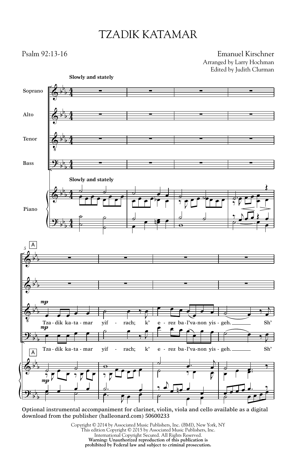 Emanuel Kirschner Tzadik Katamar Yifrach (Arr. Larry Hochman) sheet music notes and chords. Download Printable PDF.