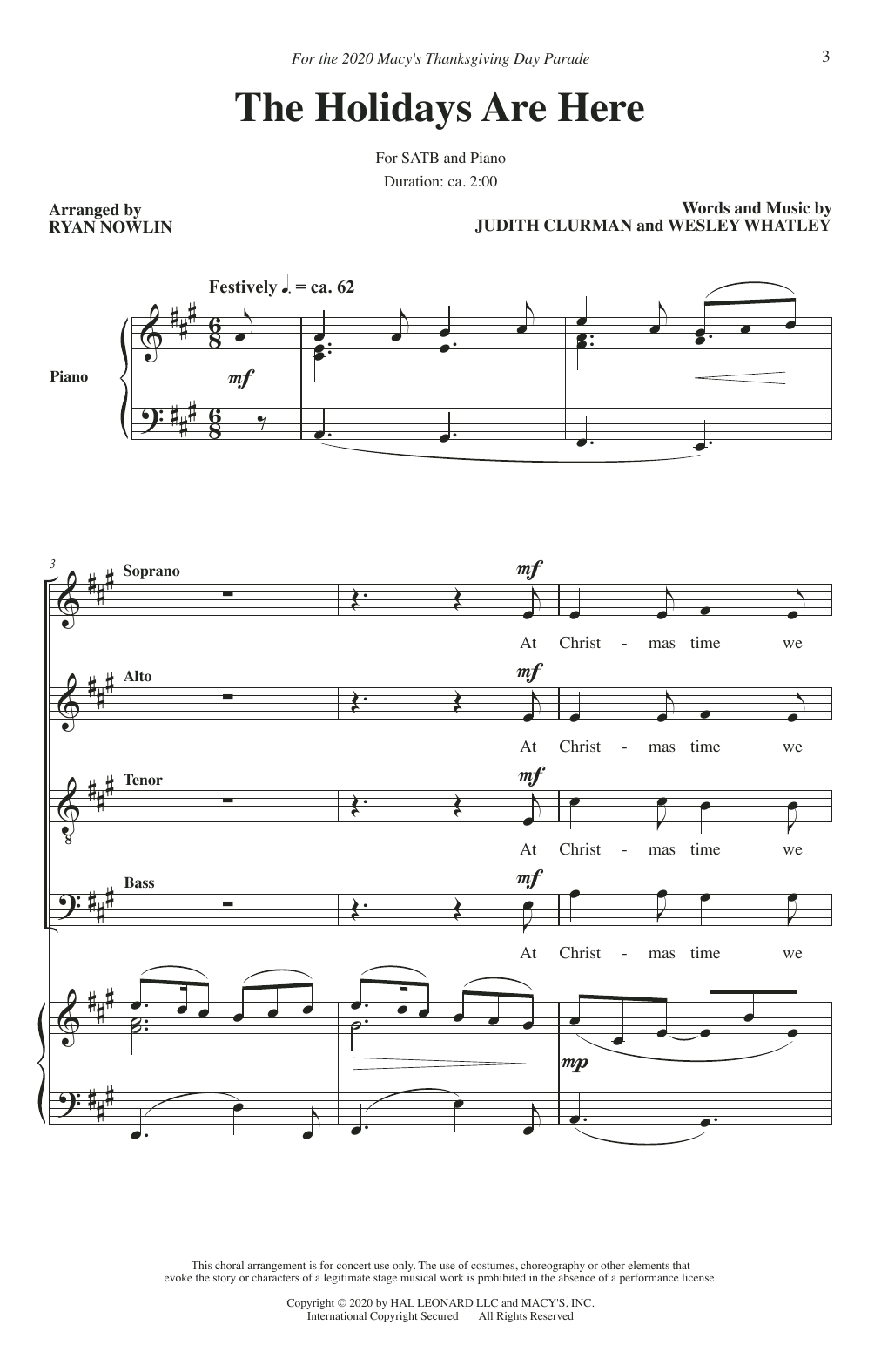 Learn to play Judith Clurman & Wesley Whatley The Holidays Are Here (A Holiday Carol) (arr. Ryan Nowlin) sheet music for SATB Choir in minutes. Price: 3.9900$ Judith Clurman & Wesley Whatley The Holidays Are Here (A Holiday Carol) (arr. Ryan Nowlin) sheet music notes and chords arranged for SATB Choir