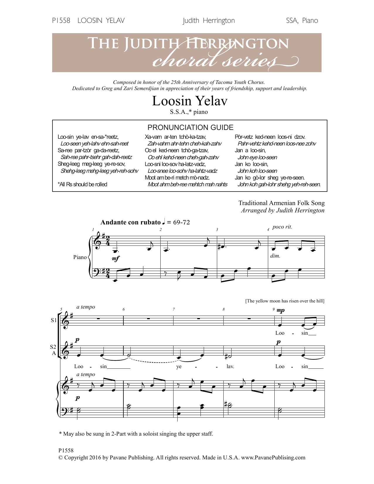 Judith Herrington Loosin Yelav sheet music notes and chords. Download Printable PDF.