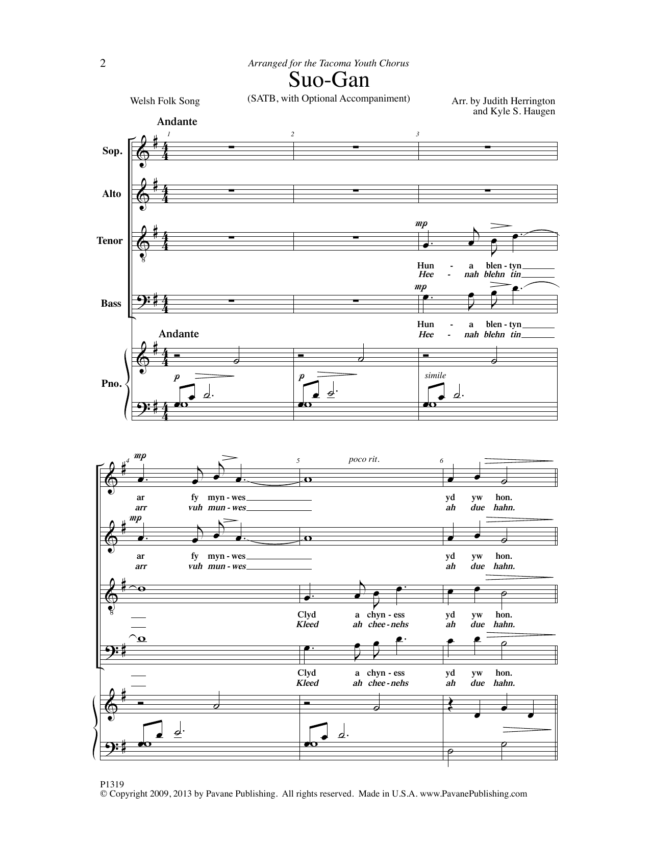 Judith Herrington/ Kyle Haugen Suo-Gan sheet music notes and chords. Download Printable PDF.