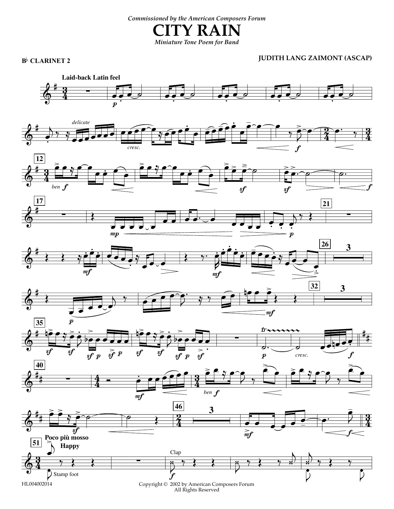 Learn to play Judith Zaimont City Rain - Bb Clarinet 2 sheet music for Concert Band in minutes. Price: 5.9900$ Judith Zaimont City Rain - Bb Clarinet 2 sheet music notes and chords arranged for Concert Band