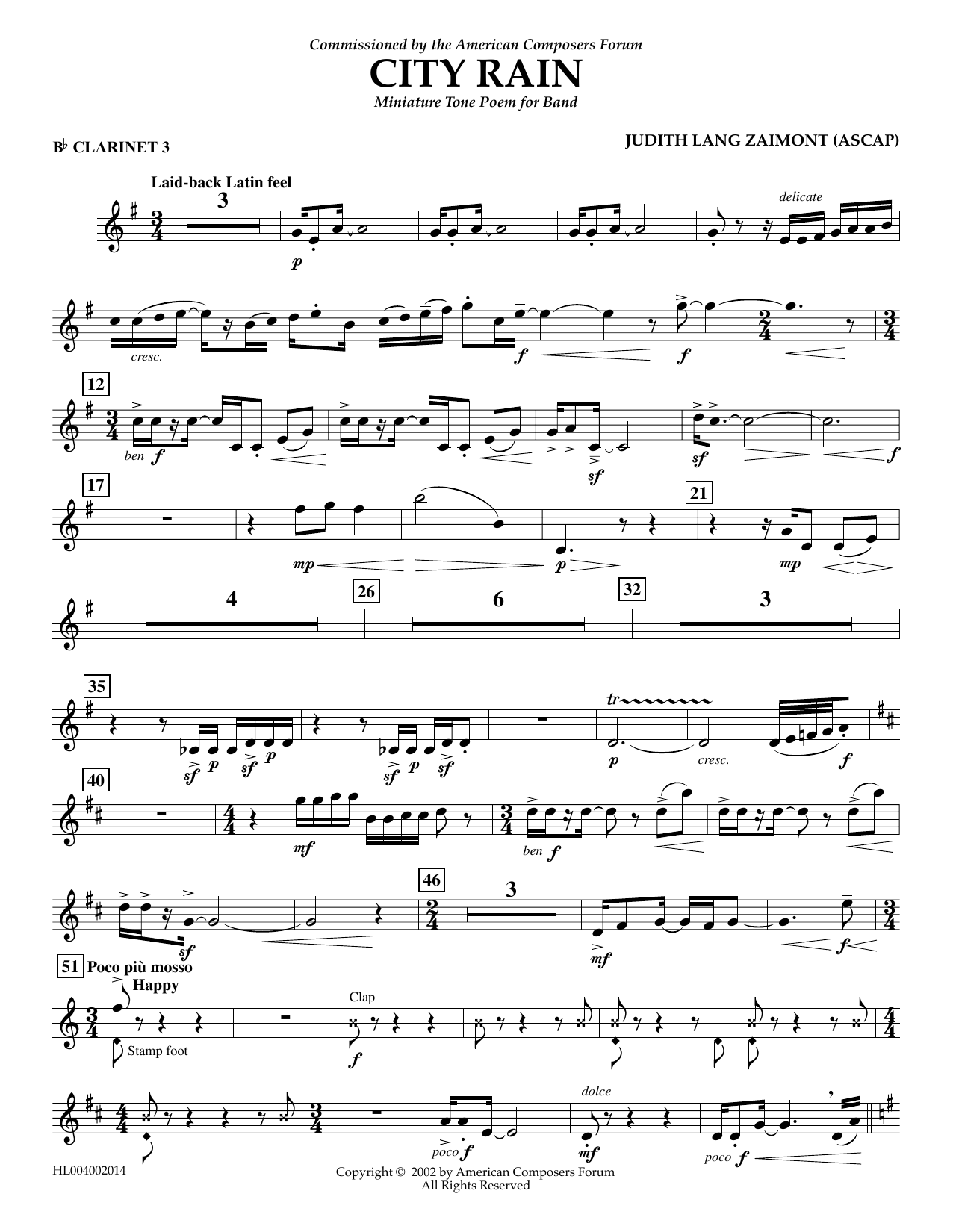 Learn to play Judith Zaimont City Rain - Bb Clarinet 3 sheet music for Concert Band in minutes. Price: 5.9900$ Judith Zaimont City Rain - Bb Clarinet 3 sheet music notes and chords arranged for Concert Band