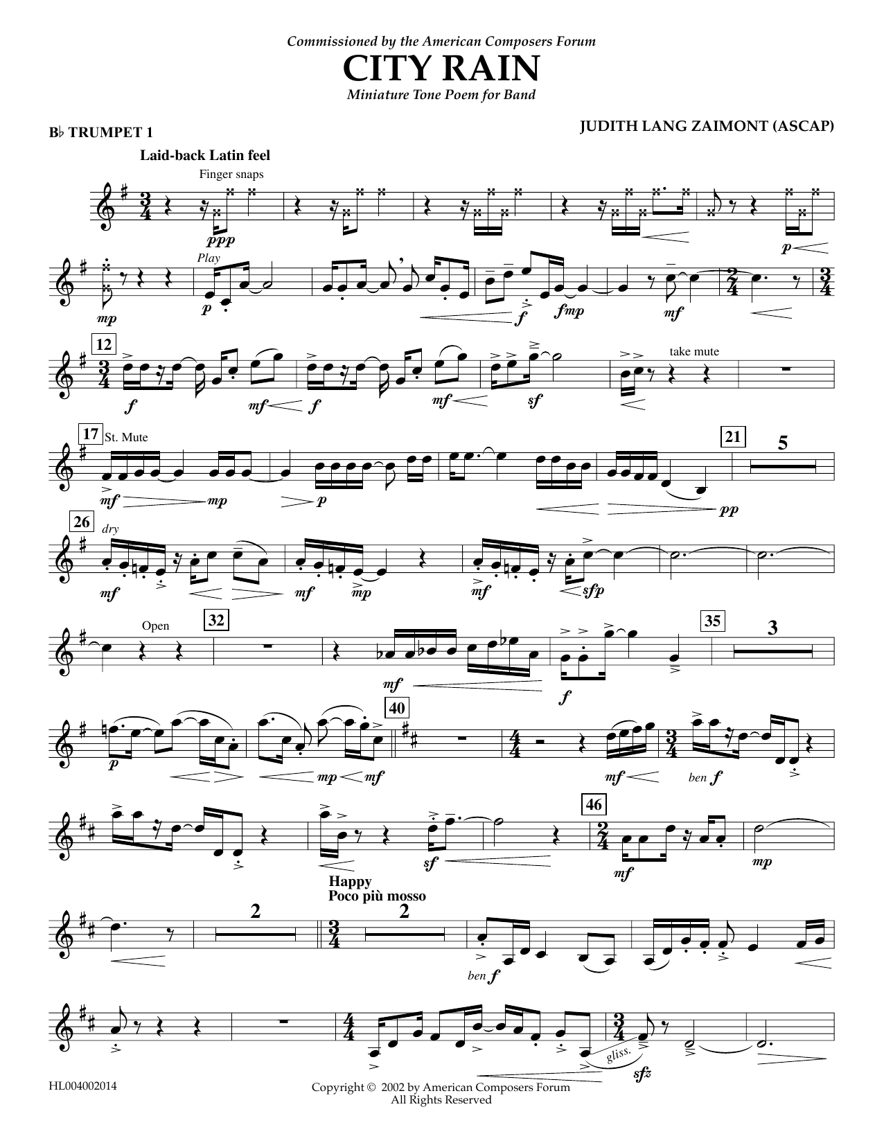 Learn to play Judith Zaimont City Rain - Bb Trumpet 1 sheet music for Concert Band in minutes. Price: 5.9900$ Judith Zaimont City Rain - Bb Trumpet 1 sheet music notes and chords arranged for Concert Band
