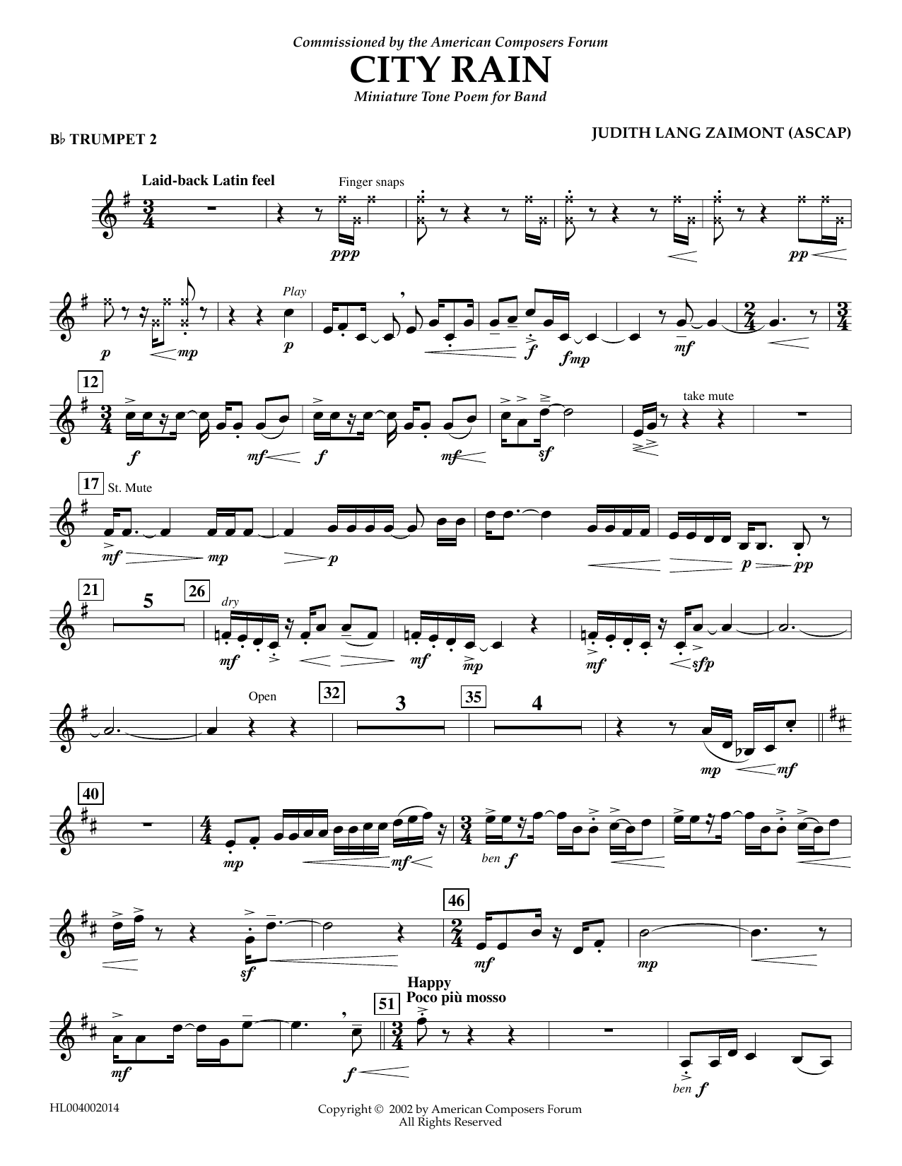 Learn to play Judith Zaimont City Rain - Bb Trumpet 2 sheet music for Concert Band in minutes. Price: 5.9900$ Judith Zaimont City Rain - Bb Trumpet 2 sheet music notes and chords arranged for Concert Band