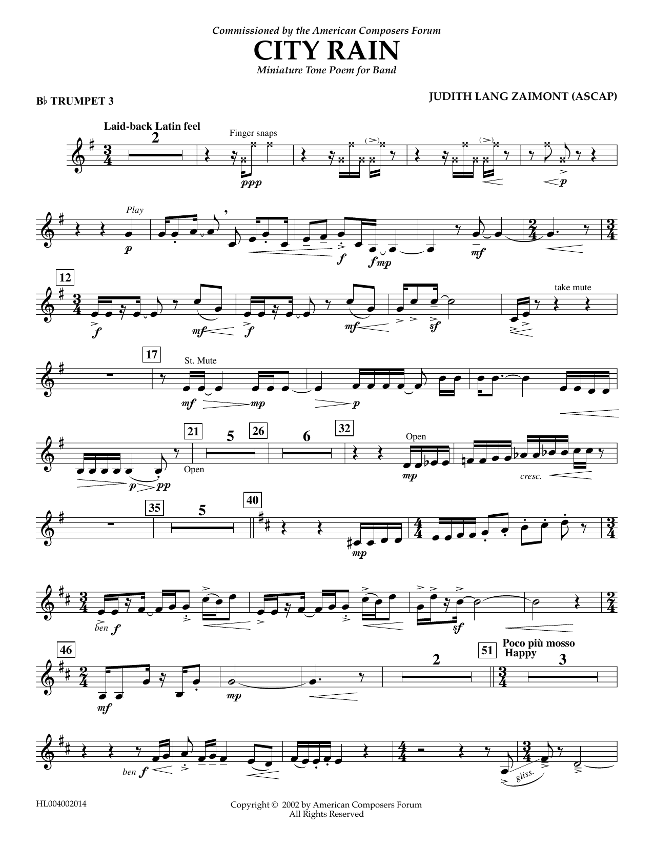 Learn to play Judith Zaimont City Rain - Bb Trumpet 3 sheet music for Concert Band in minutes. Price: 5.9900$ Judith Zaimont City Rain - Bb Trumpet 3 sheet music notes and chords arranged for Concert Band
