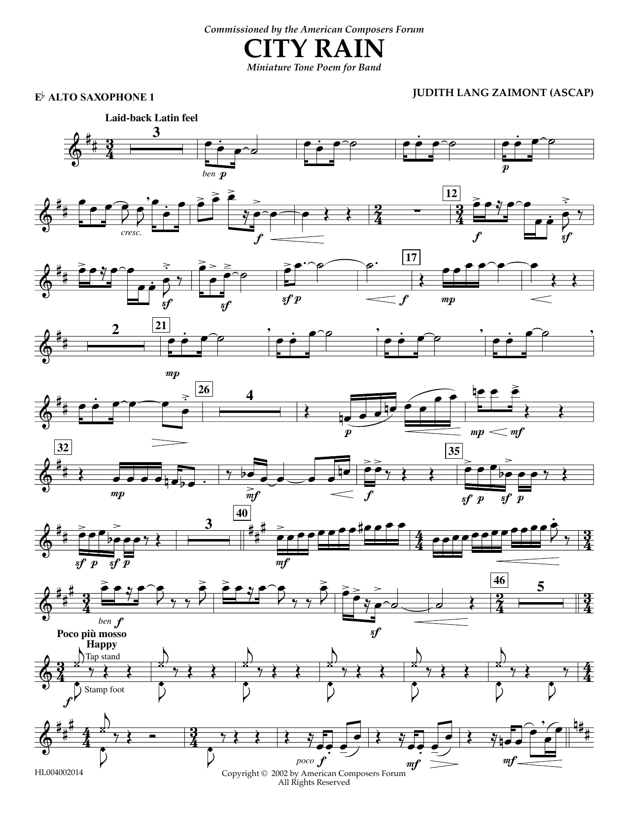 Learn to play Judith Zaimont City Rain - Eb Alto Saxophone 1 sheet music for Concert Band in minutes. Price: 5.9900$ Judith Zaimont City Rain - Eb Alto Saxophone 1 sheet music notes and chords arranged for Concert Band