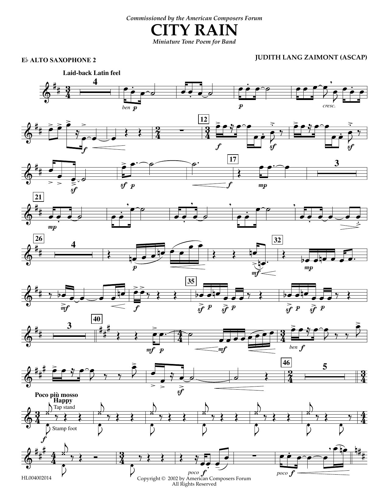Learn to play Judith Zaimont City Rain - Eb Alto Saxophone 2 sheet music for Concert Band in minutes. Price: 5.9900$ Judith Zaimont City Rain - Eb Alto Saxophone 2 sheet music notes and chords arranged for Concert Band
