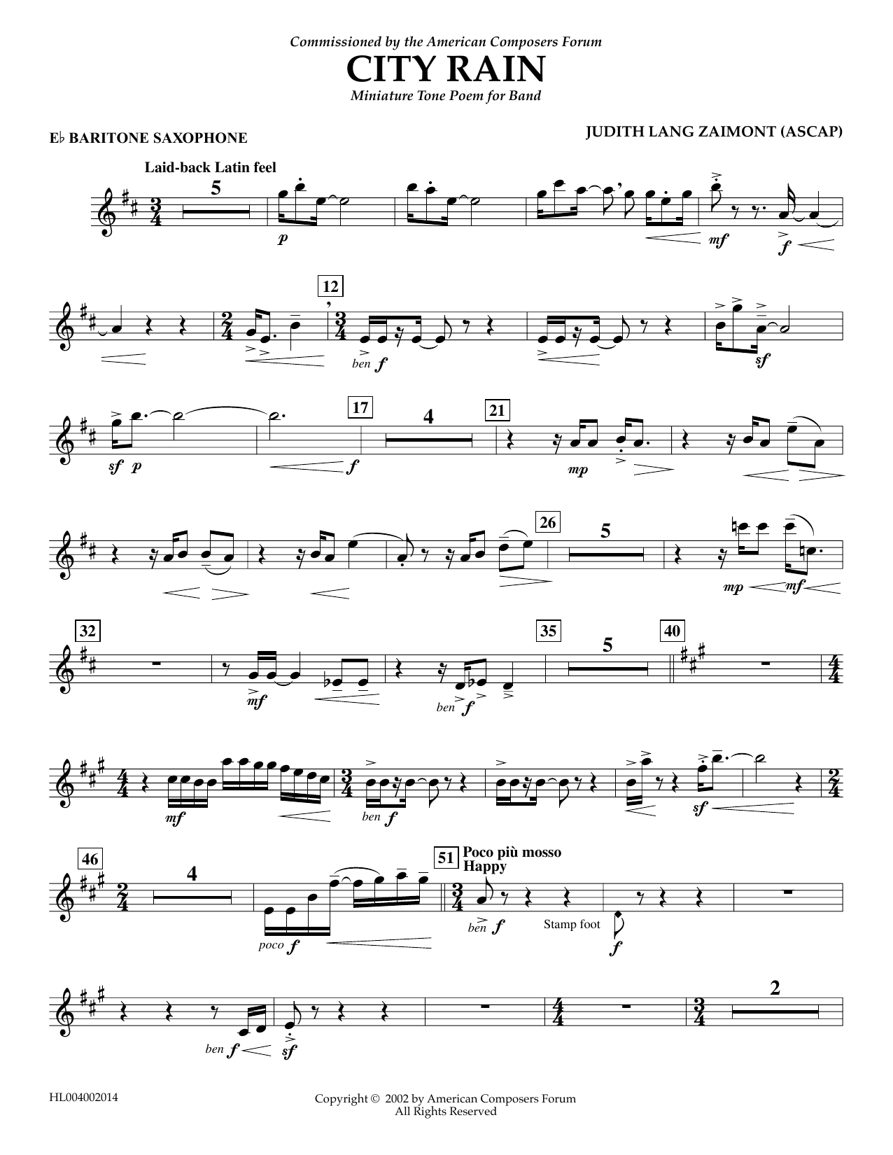 Learn to play Judith Zaimont City Rain - Eb Baritone Saxophone sheet music for Concert Band in minutes. Price: 5.9900$ Judith Zaimont City Rain - Eb Baritone Saxophone sheet music notes and chords arranged for Concert Band