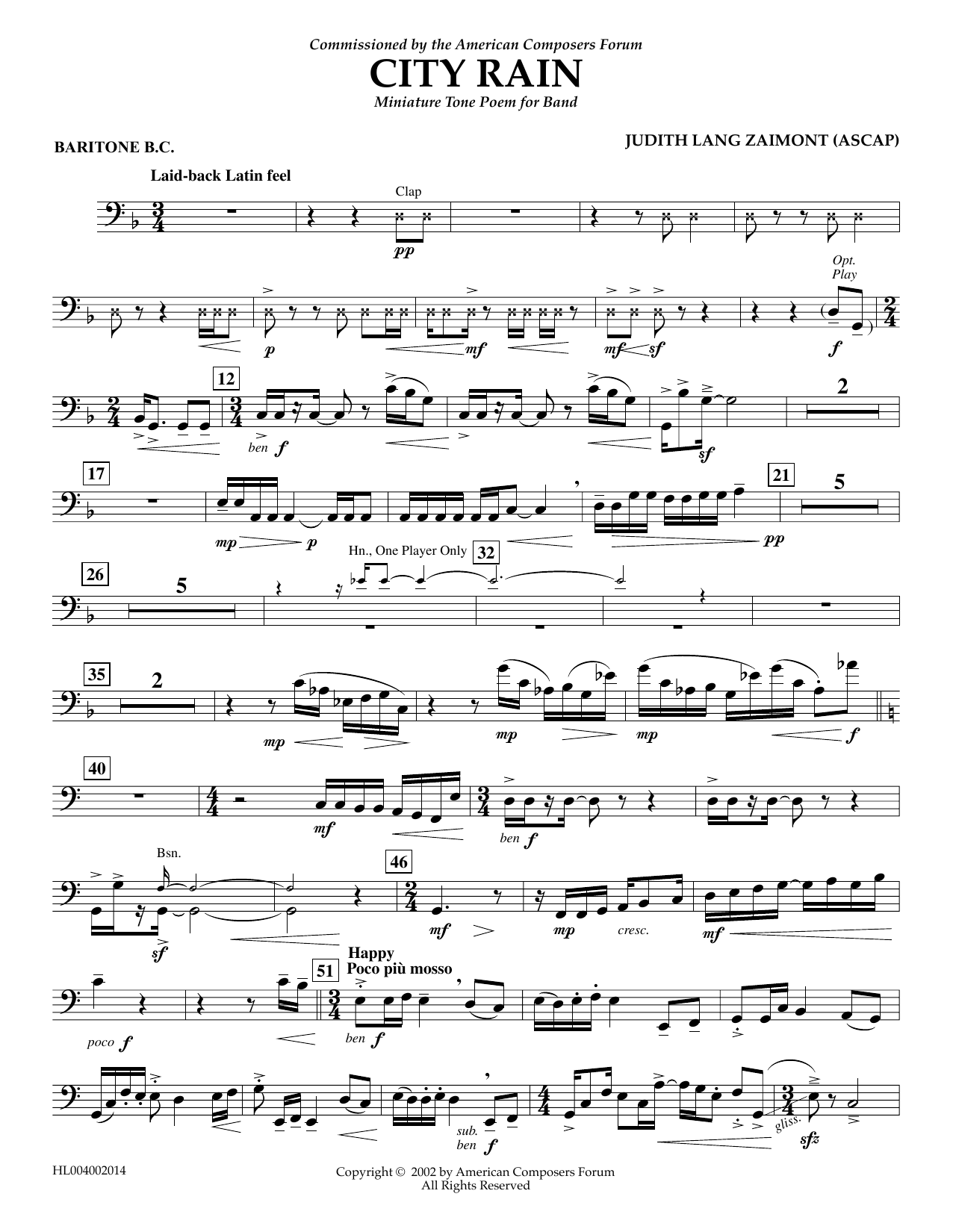 Learn to play Judith Zaimont City Rain - Euphonium in Bass Clef sheet music for Concert Band in minutes. Price: 5.9900$ Judith Zaimont City Rain - Euphonium in Bass Clef sheet music notes and chords arranged for Concert Band