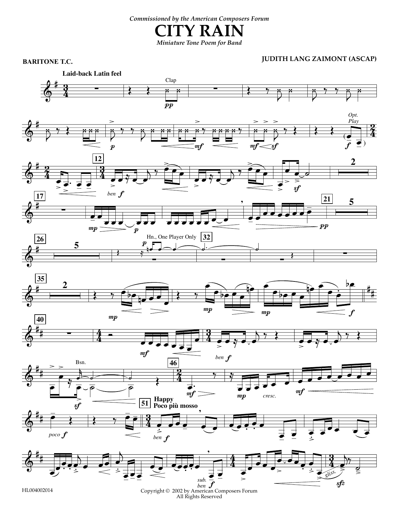 Learn to play Judith Zaimont City Rain - Euphonium in Treble Clef sheet music for Concert Band in minutes. Price: 5.9900$ Judith Zaimont City Rain - Euphonium in Treble Clef sheet music notes and chords arranged for Concert Band