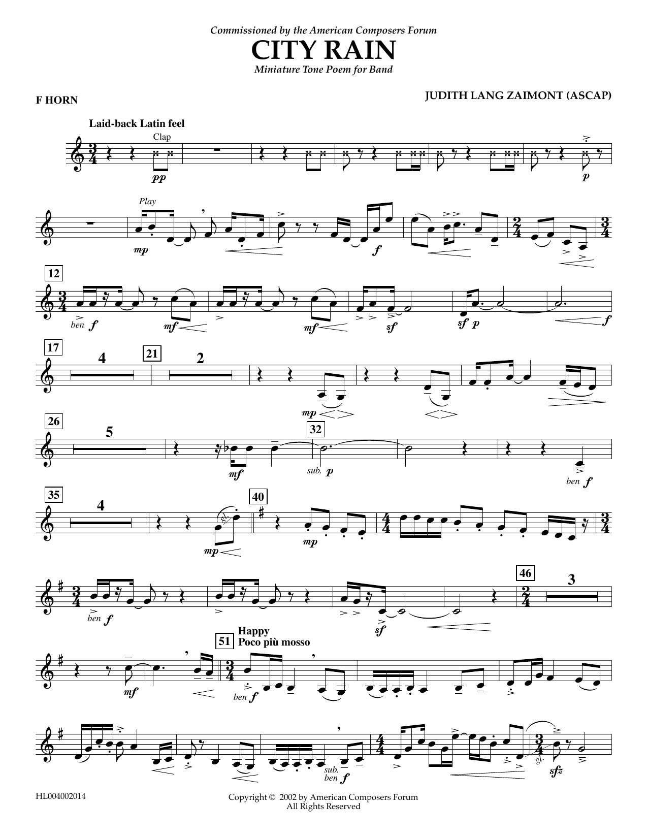 Learn to play Judith Zaimont City Rain - F Horn sheet music for Concert Band in minutes. Price: 5.9900$ Judith Zaimont City Rain - F Horn sheet music notes and chords arranged for Concert Band