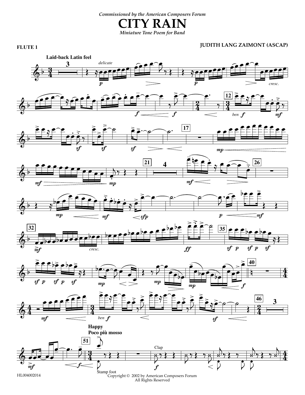 Learn to play Judith Zaimont City Rain - Flute 1 sheet music for Concert Band in minutes. Price: 5.9900$ Judith Zaimont City Rain - Flute 1 sheet music notes and chords arranged for Concert Band