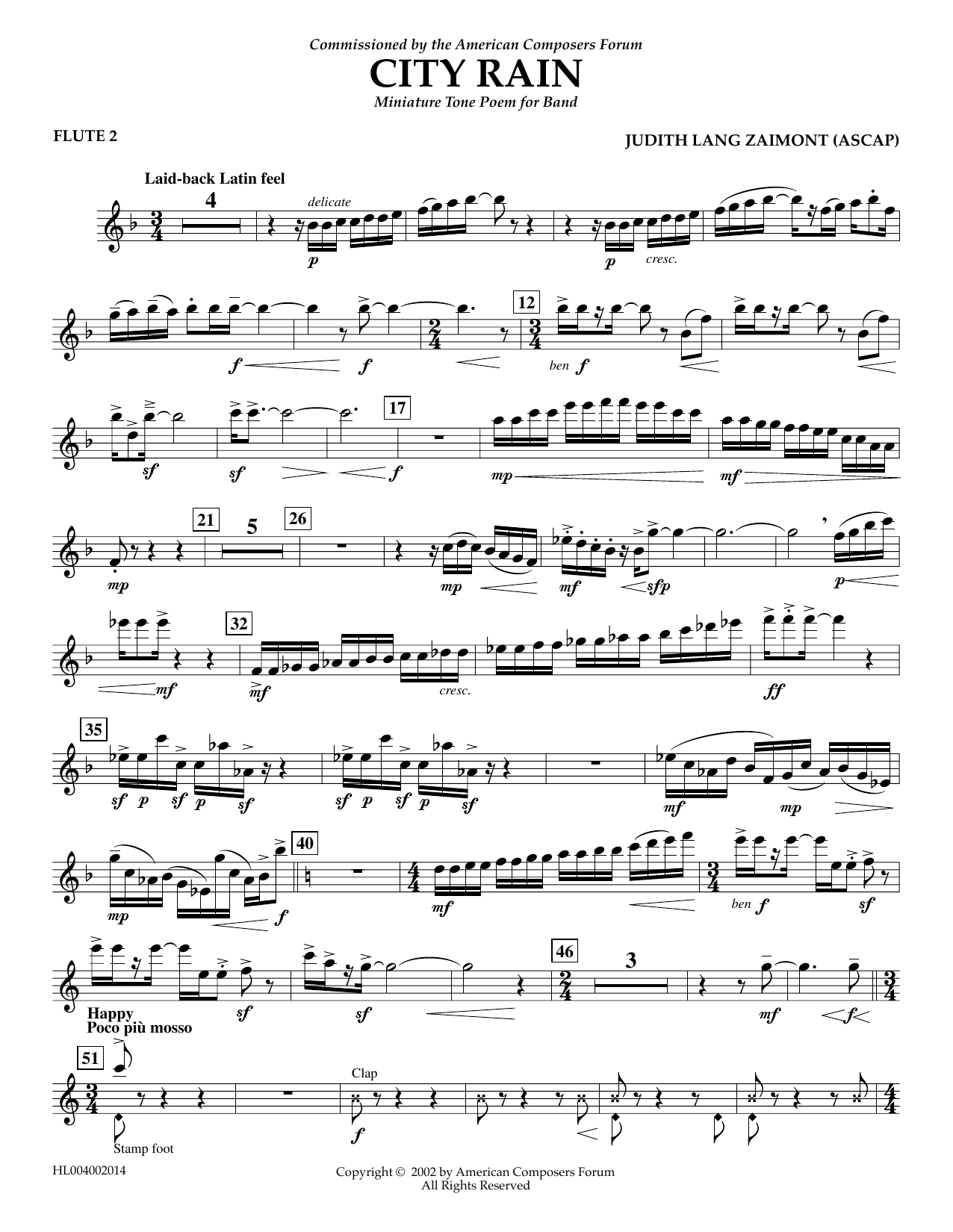 Learn to play Judith Zaimont City Rain - Flute 2 sheet music for Concert Band in minutes. Price: 5.9900$ Judith Zaimont City Rain - Flute 2 sheet music notes and chords arranged for Concert Band