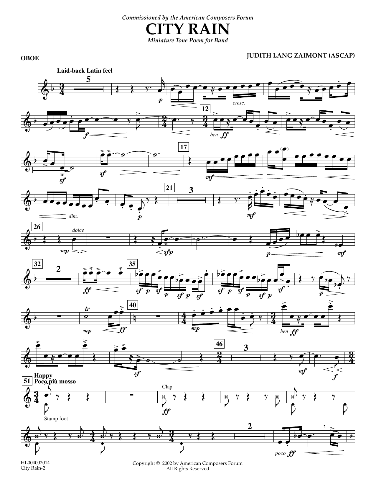 Learn to play Judith Zaimont City Rain - Oboe sheet music for Concert Band in minutes. Price: 5.9900$ Judith Zaimont City Rain - Oboe sheet music notes and chords arranged for Concert Band