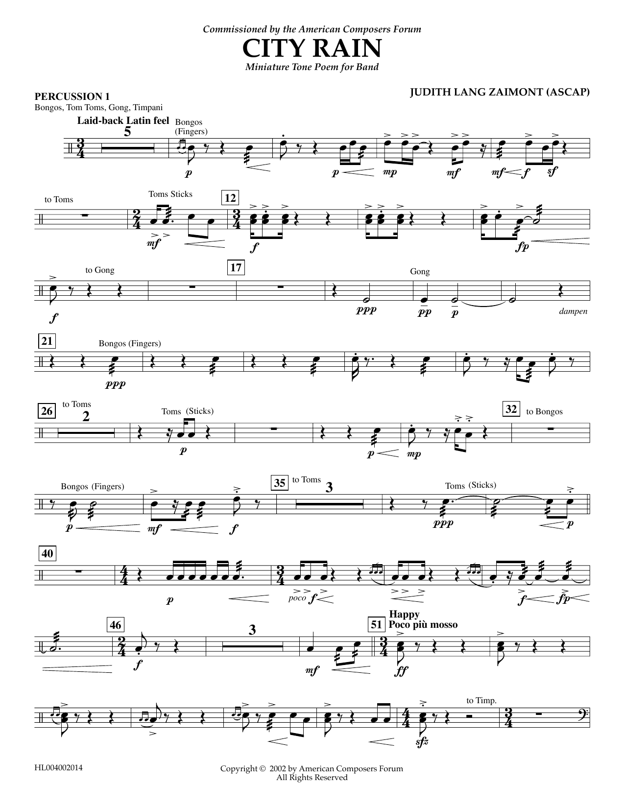 Learn to play Judith Zaimont City Rain - Percussion 1 sheet music for Concert Band in minutes. Price: 5.9900$ Judith Zaimont City Rain - Percussion 1 sheet music notes and chords arranged for Concert Band
