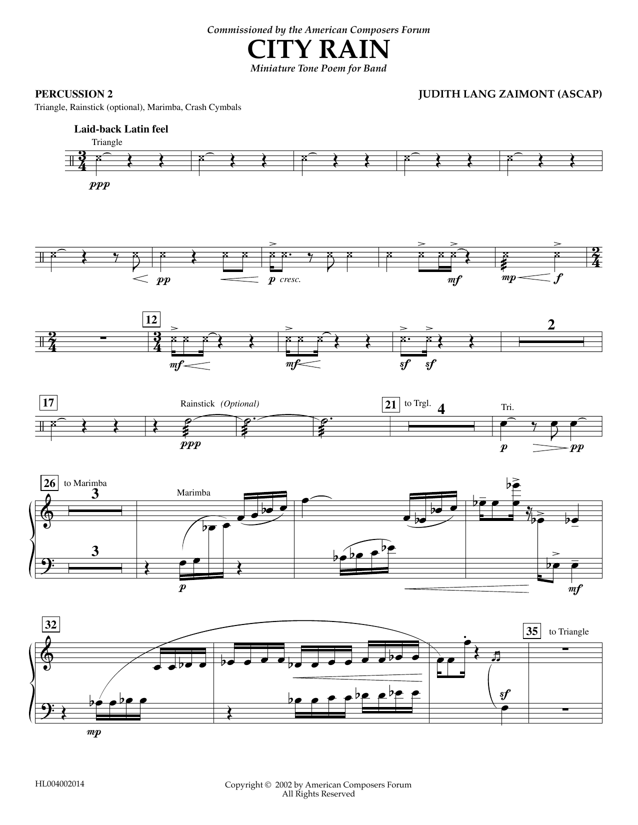 Learn to play Judith Zaimont City Rain - Percussion 2 sheet music for Concert Band in minutes. Price: 5.9900$ Judith Zaimont City Rain - Percussion 2 sheet music notes and chords arranged for Concert Band