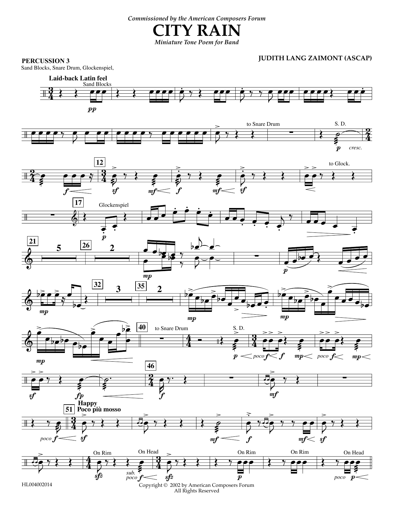 Learn to play Judith Zaimont City Rain - Percussion 3 sheet music for Concert Band in minutes. Price: 5.9900$ Judith Zaimont City Rain - Percussion 3 sheet music notes and chords arranged for Concert Band