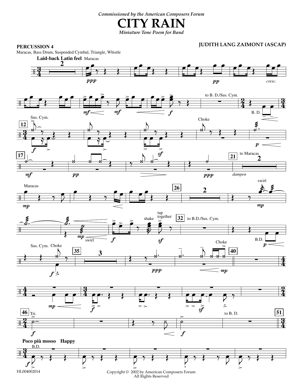 Learn to play Judith Zaimont City Rain - Percussion 4 sheet music for Concert Band in minutes. Price: 5.9900$ Judith Zaimont City Rain - Percussion 4 sheet music notes and chords arranged for Concert Band