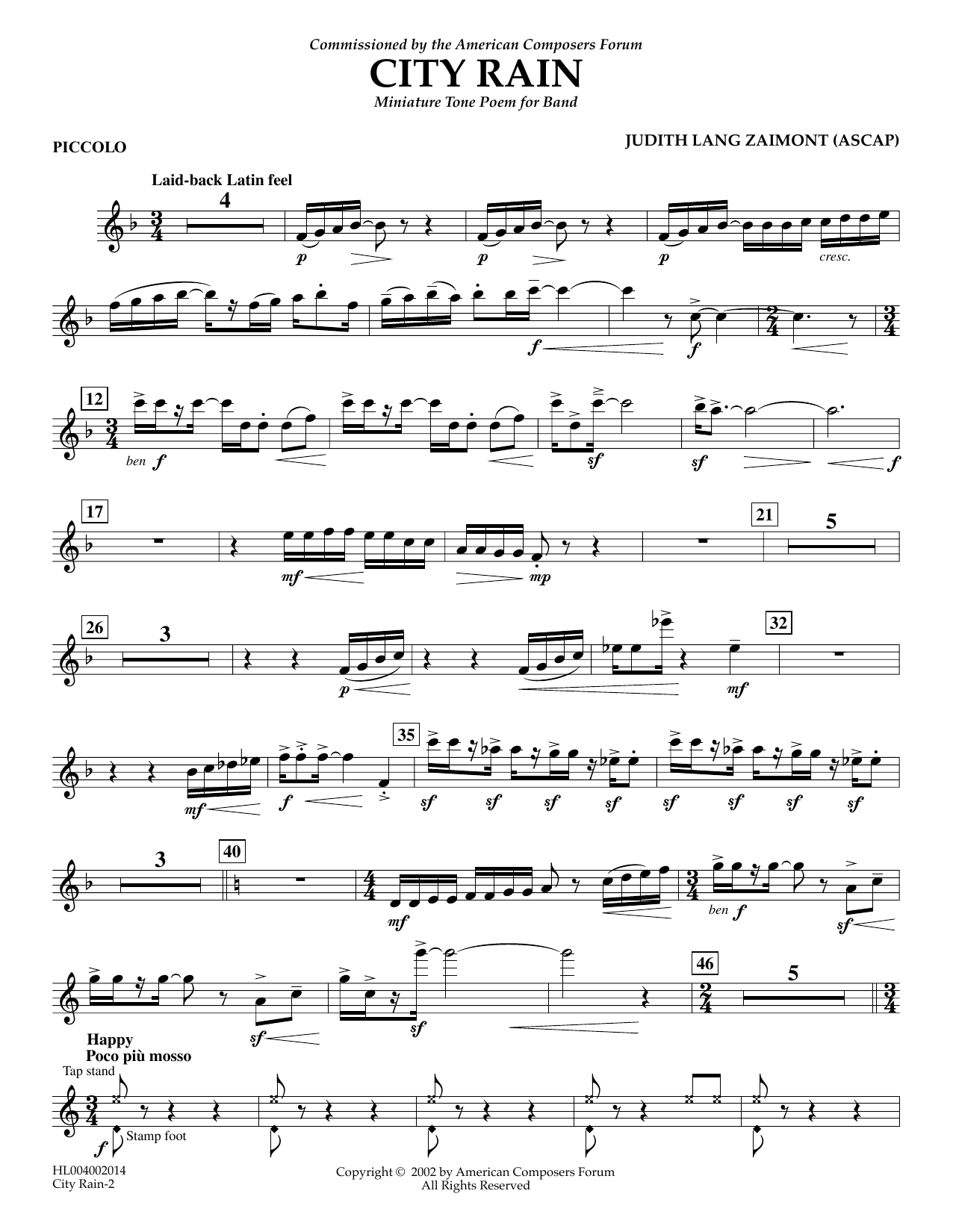 Learn to play Judith Zaimont City Rain - Piccolo sheet music for Concert Band in minutes. Price: 5.9900$ Judith Zaimont City Rain - Piccolo sheet music notes and chords arranged for Concert Band