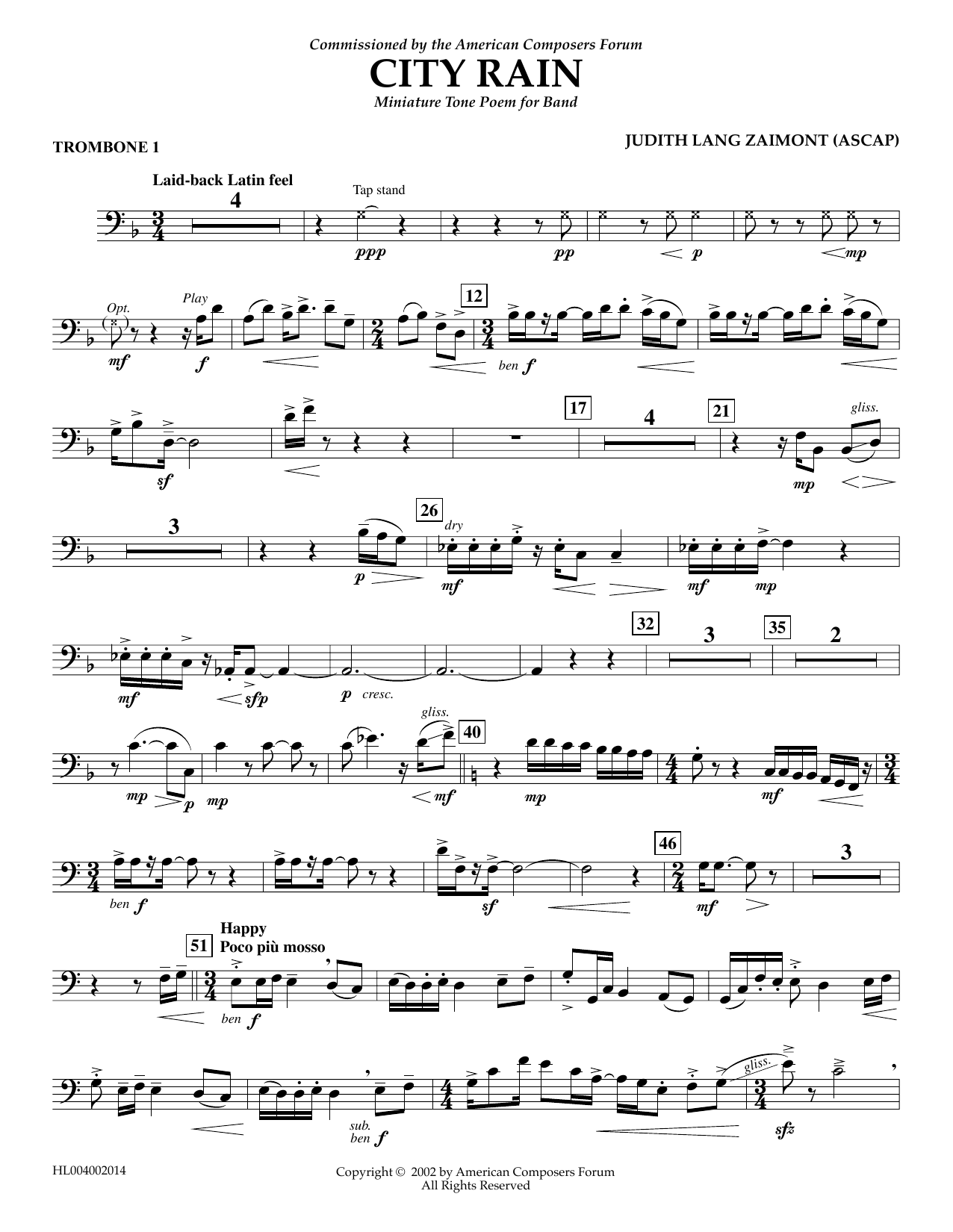 Learn to play Judith Zaimont City Rain - Trombone 1 sheet music for Concert Band in minutes. Price: 5.9900$ Judith Zaimont City Rain - Trombone 1 sheet music notes and chords arranged for Concert Band