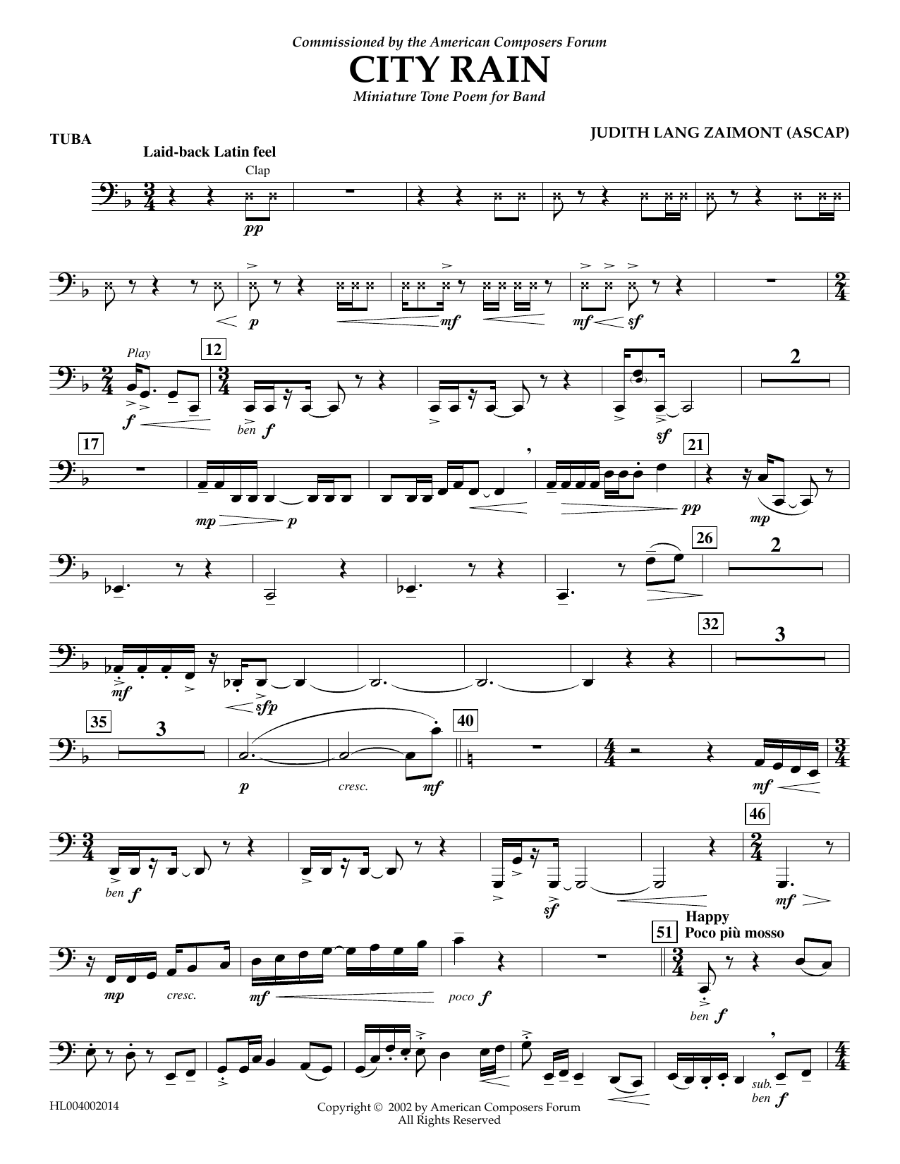 Learn to play Judith Zaimont City Rain - Tuba sheet music for Concert Band in minutes. Price: 5.9900$ Judith Zaimont City Rain - Tuba sheet music notes and chords arranged for Concert Band