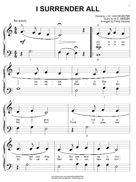 Learn to play Judson W. Van De Venter I Surrender All sheet music for Beginning Piano Solo in minutes. Price: 6.9900$ Judson W. Van De Venter I Surrender All sheet music notes and chords arranged for Beginning Piano Solo