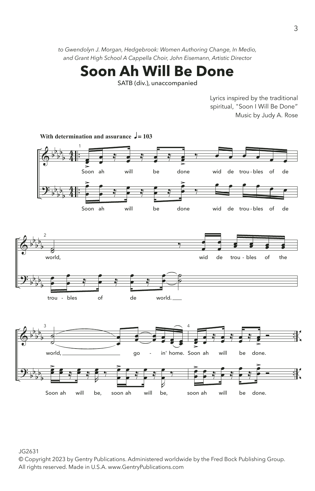 Learn to play Judy A. Rose Soon Ah Will Be Done sheet music for SATB Choir in minutes. Price: 4.7900$ Judy A. Rose Soon Ah Will Be Done sheet music notes and chords arranged for SATB Choir
