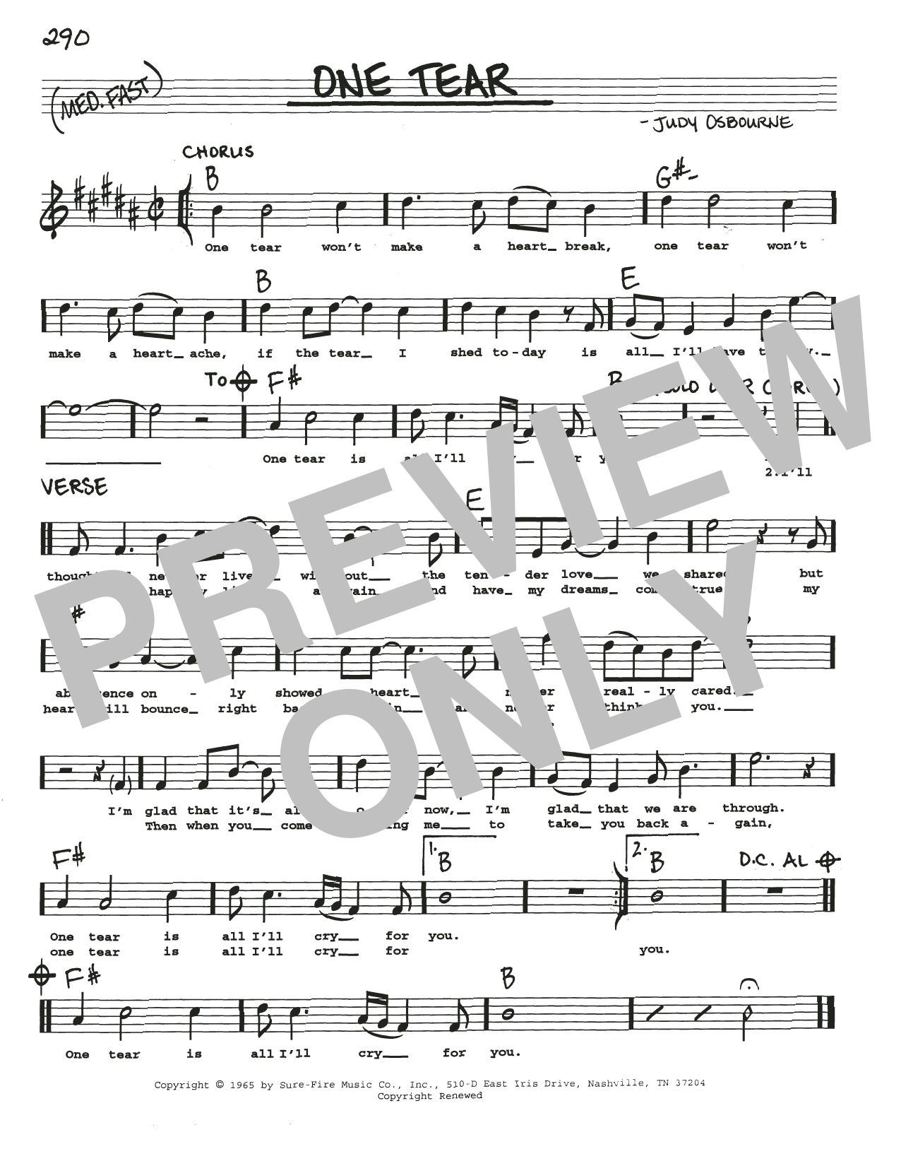 Judy Osborne One Tear sheet music notes and chords. Download Printable PDF.