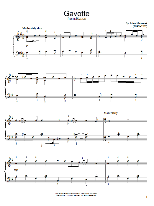 Jules Massenet Gavotte sheet music notes and chords arranged for Easy Piano
