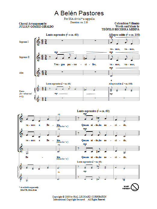 Learn to play Teofilo Becerra Medina A Belen Pastores (Villancico) (arr. Julian Gomez Giraldo) sheet music for SSA Choir in minutes. Price: 3.9900$ Teofilo Becerra Medina A Belen Pastores (Villancico) (arr. Julian Gomez Giraldo) sheet music notes and chords arranged for SSA Choir