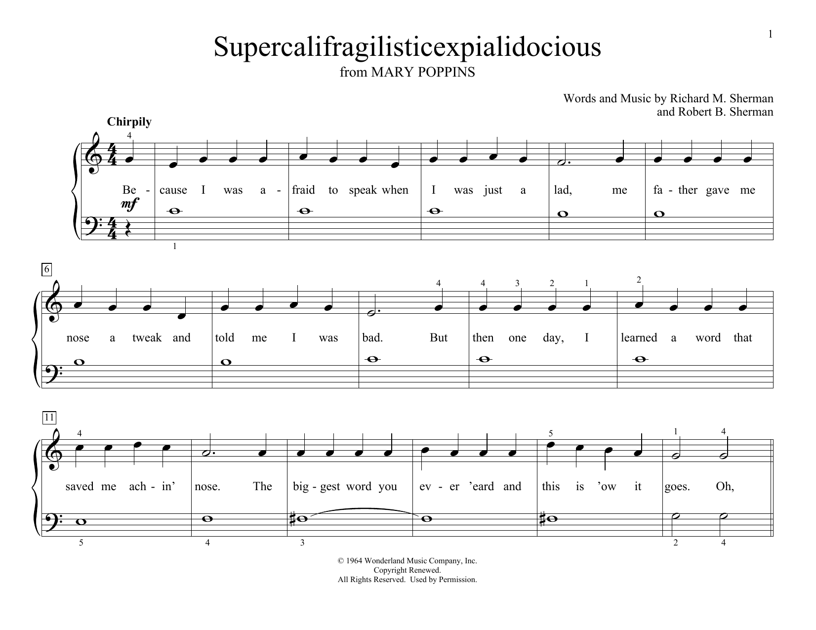 Learn to play Sherman Brothers Supercalifragilisticexpialidocious (from Mary Poppins) (arr. Christopher Hussey) sheet music for Educational Piano in minutes. Price: 6.9900$ Sherman Brothers Supercalifragilisticexpialidocious (from Mary Poppins) (arr. Christopher Hussey) sheet music notes and chords arranged for Educational Piano