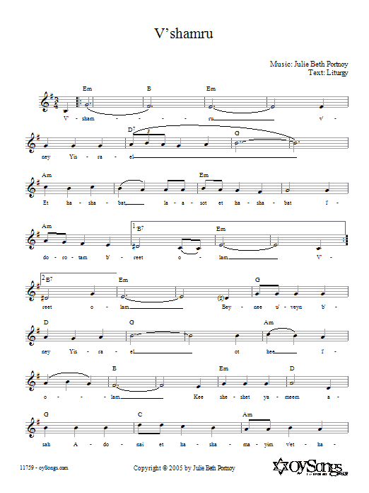 Learn to play Julie Beth Portnoy V'shamru sheet music for Lead Sheet / Fake Book in minutes. Price: 5.9900$ Julie Beth Portnoy V'shamru sheet music notes and chords arranged for Lead Sheet / Fake Book