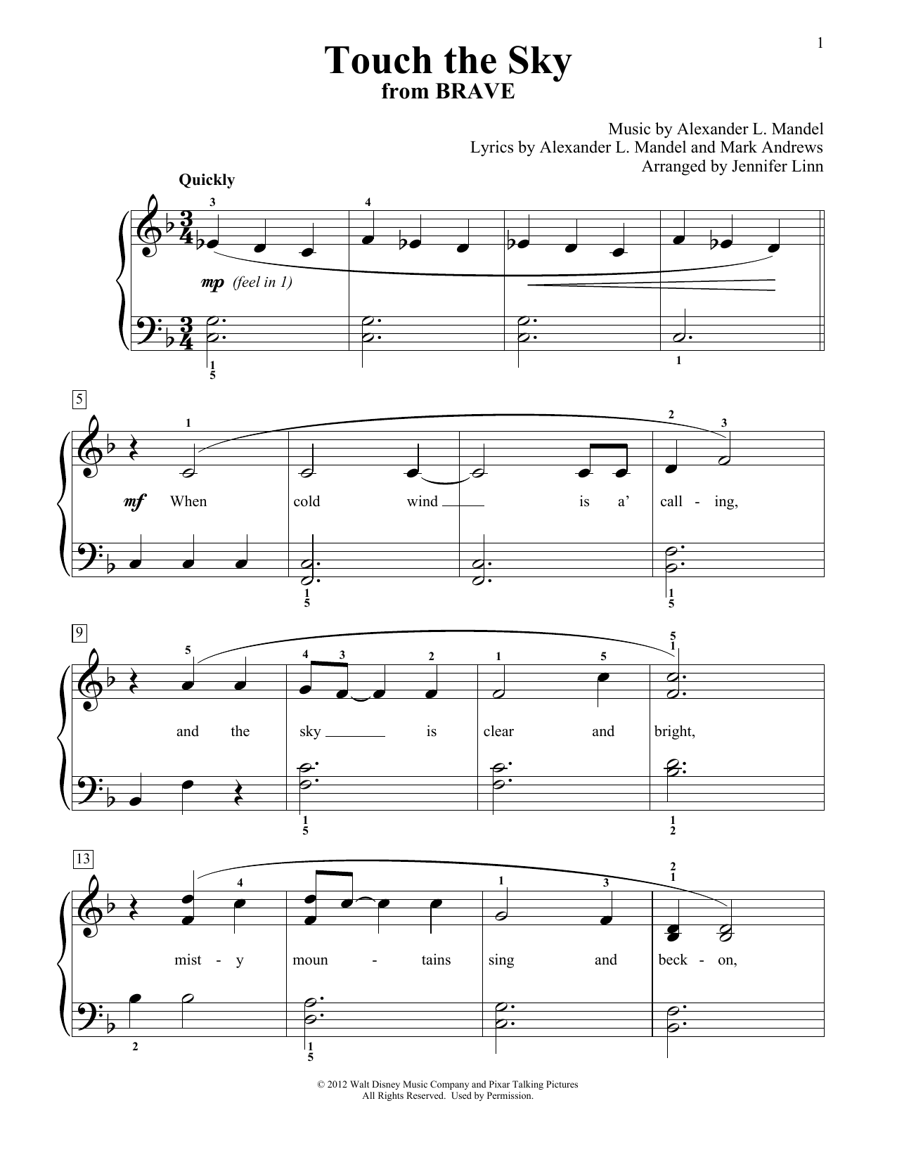 Learn to play Julie Fowlis Touch The Sky (from Brave) (arr. Jennifer Linn) sheet music for Educational Piano in minutes. Price: 6.9900$ Julie Fowlis Touch The Sky (from Brave) (arr. Jennifer Linn) sheet music notes and chords arranged for Educational Piano