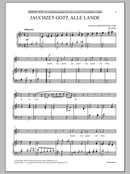 Learn to play Julius Johann Weiland Jauchzet Gott, Alle Lande sheet music for Piano & Vocal in minutes. Price: 6.9900$ Julius Johann Weiland Jauchzet Gott, Alle Lande sheet music notes and chords arranged for Piano & Vocal