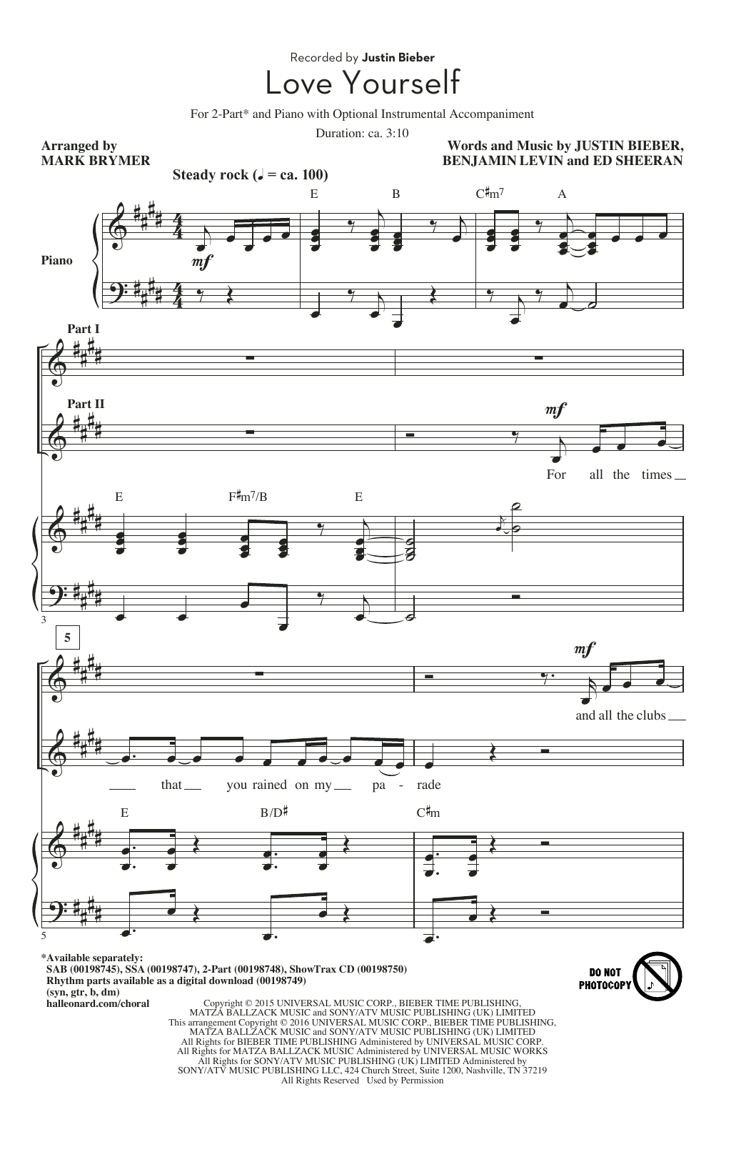 Download Justin Bieber Love Yourself Arr Mark Brymer Sheet Music And Pdf Chords 2 Part 