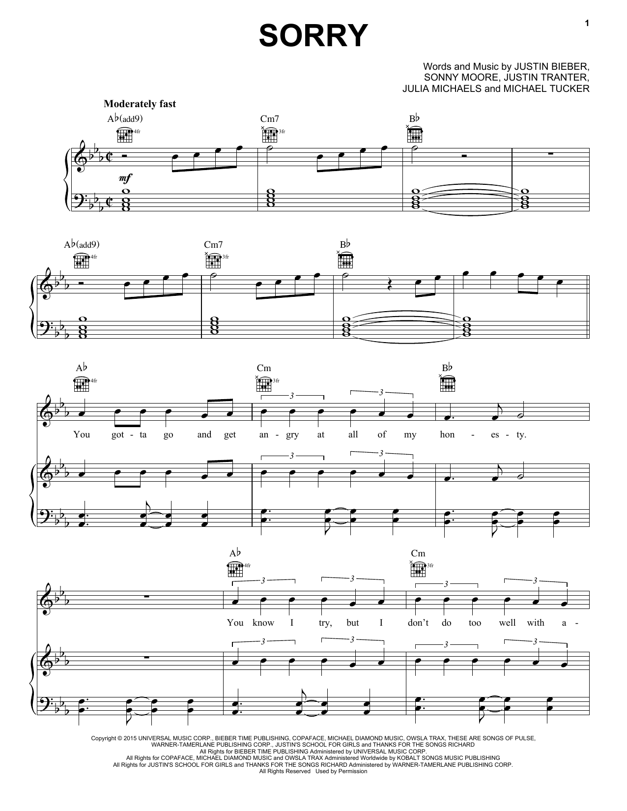 Justin Bieber Sorry sheet music notes and chords. Download Printable PDF.